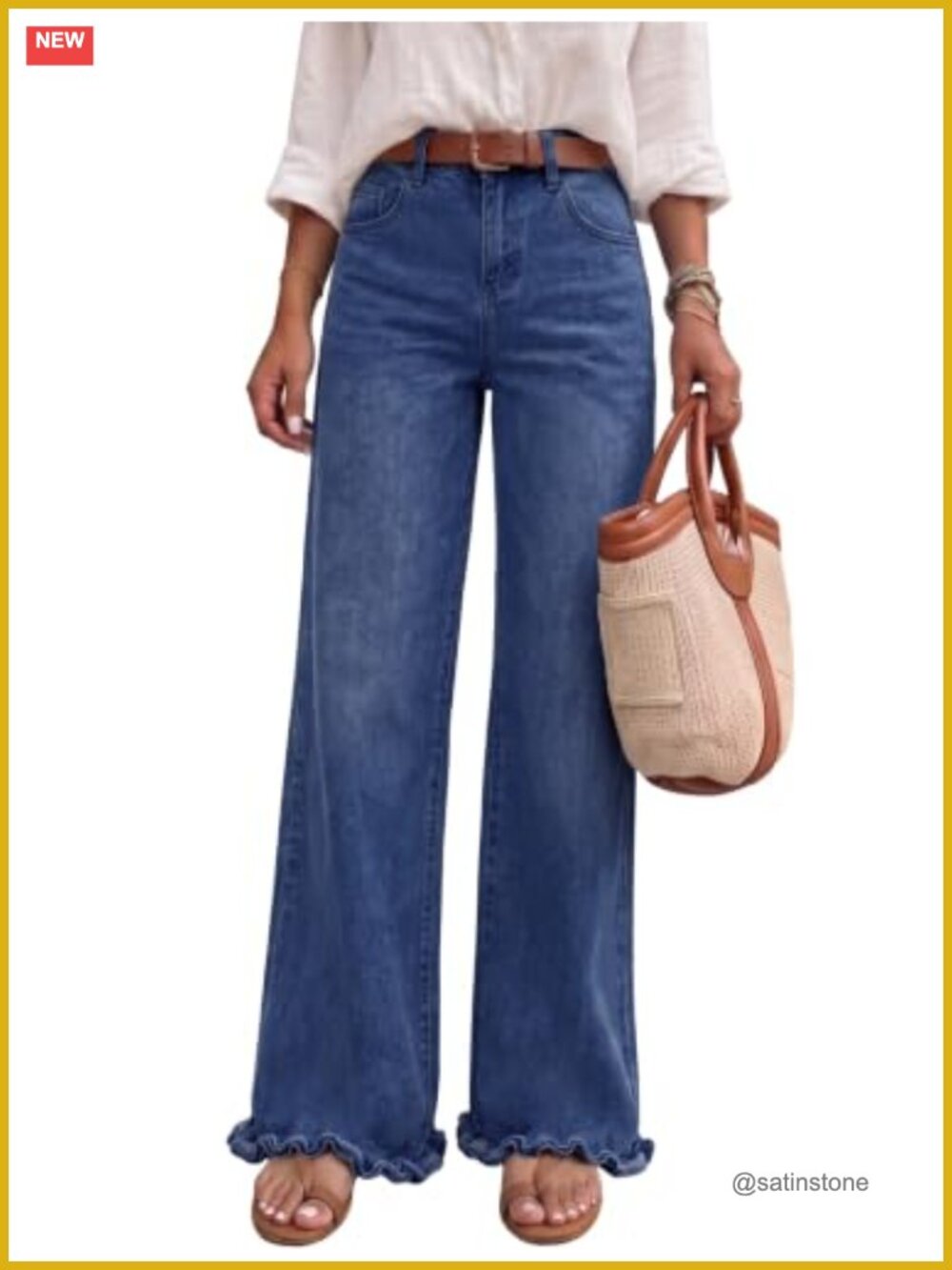 Wide Leg Jeans High Waisted Stretchy Ruffle Hem Denim Pants Pockets